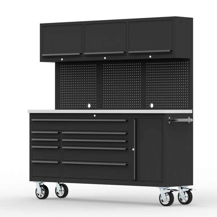 Tool Chest - 1.8m Workbench with Overhead Cabinets - Black - Stainless Steel Top