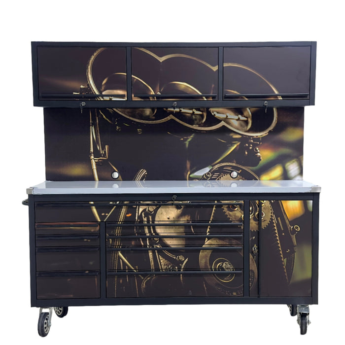 Tool Chest - 1.8m Workbench with Overhead Cabinets - Black - Stainless Steel Top - Engine
