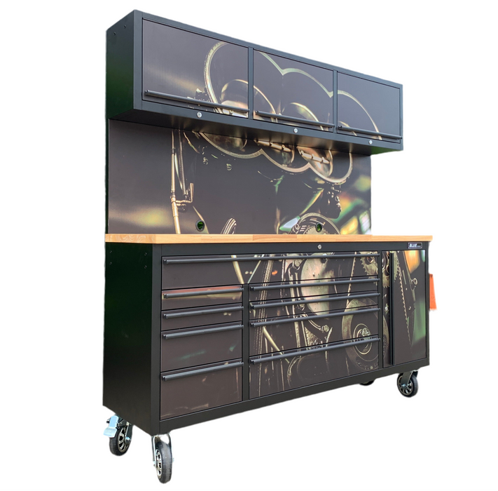 Tool Chest - 1.8m Workbench with Overhead Cabinets - Black - Timber Top - Engine
