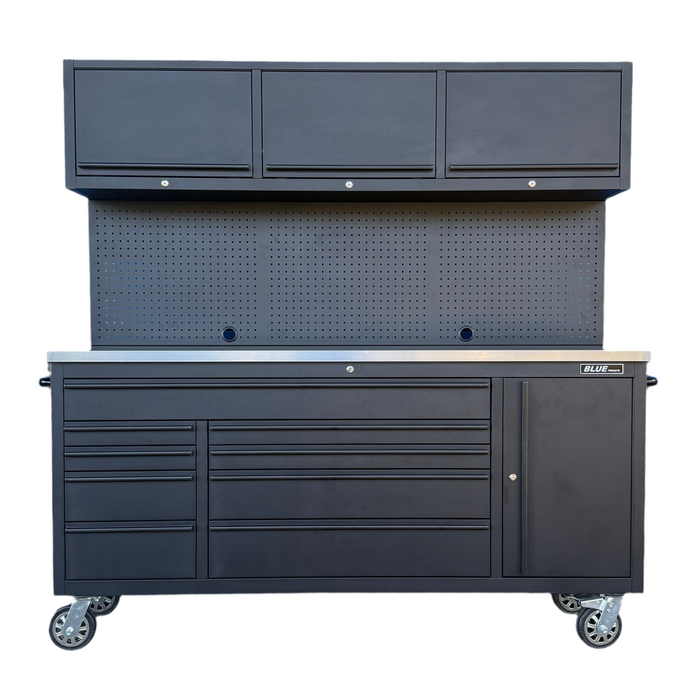 Tool Chest - 1.8m Workbench with Overhead Cabinets - Black - Stainless Steel Top