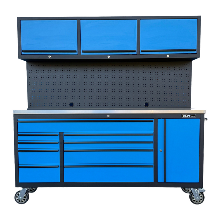 Tool Chest - 1.8m Workbench with Overhead Cabinets - Blue - Stainless Steel Top