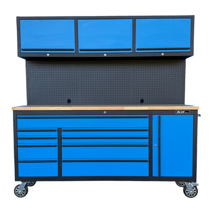 Tool Chest - 1.8m Workbench with Overhead Cabinets - Blue- Timber Top