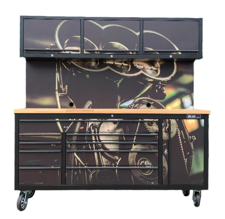 Tool Chest - 1.8m Workbench with Overhead Cabinets - Black - Timber Top - Engine