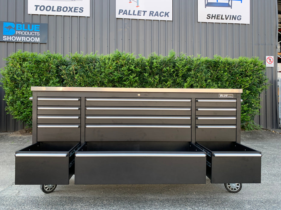 Tool Chest - 1.8m Workbench Base Unit - Black with Stainless Steel Top