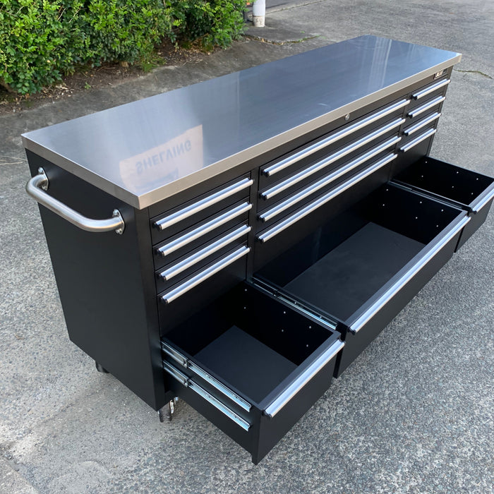 Tool Chest - 1.8m Workbench Base Unit - Black with Stainless Steel Top