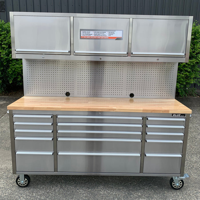 Tool Chest - 1.8m Workbench with 15 Drawers and 3 Cabinets -Stainless Steel