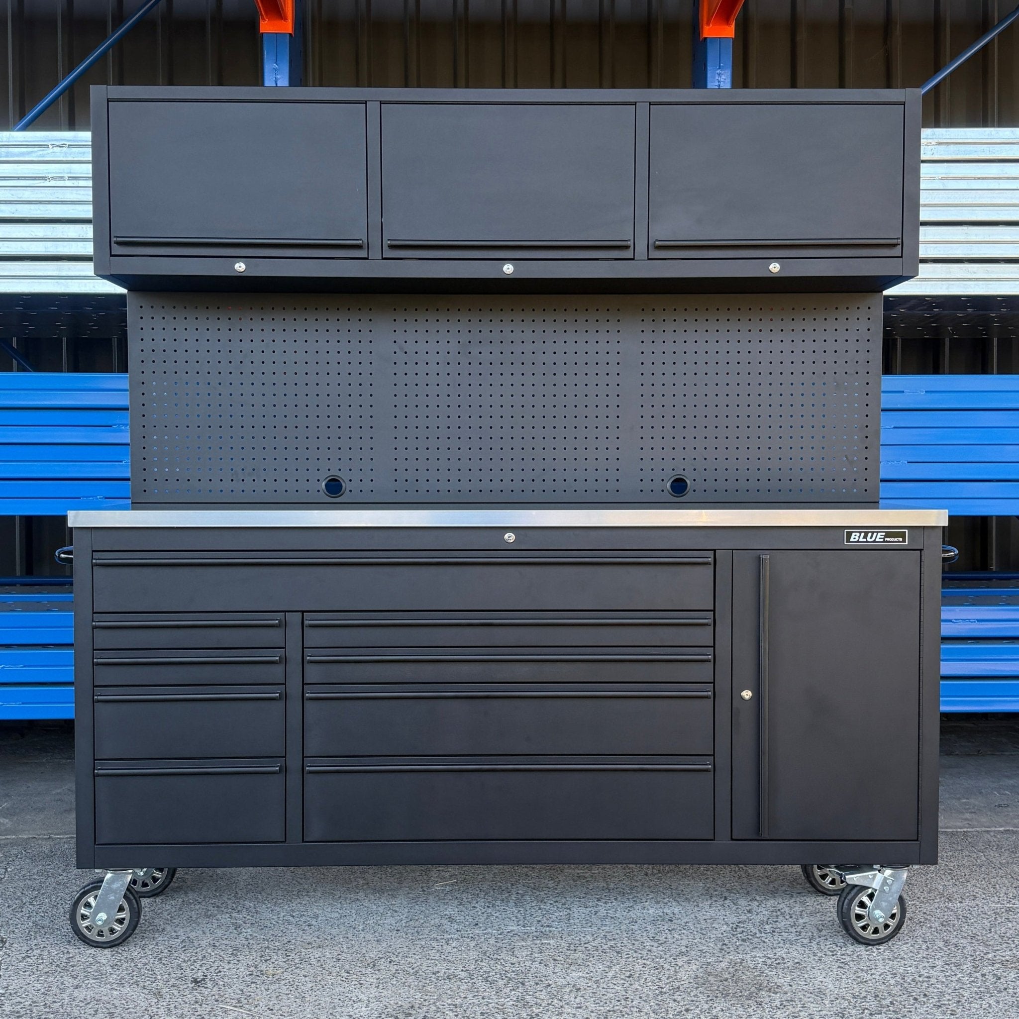 Tool Chest - 1.8m Workbench with Overhead Cabinets - Black - Stainless ...