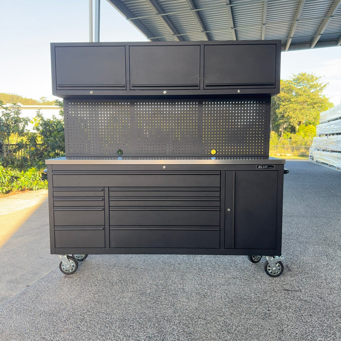 Tool Chest - 1.8m Workbench with Overhead Cabinets - Black - Stainless Steel Top