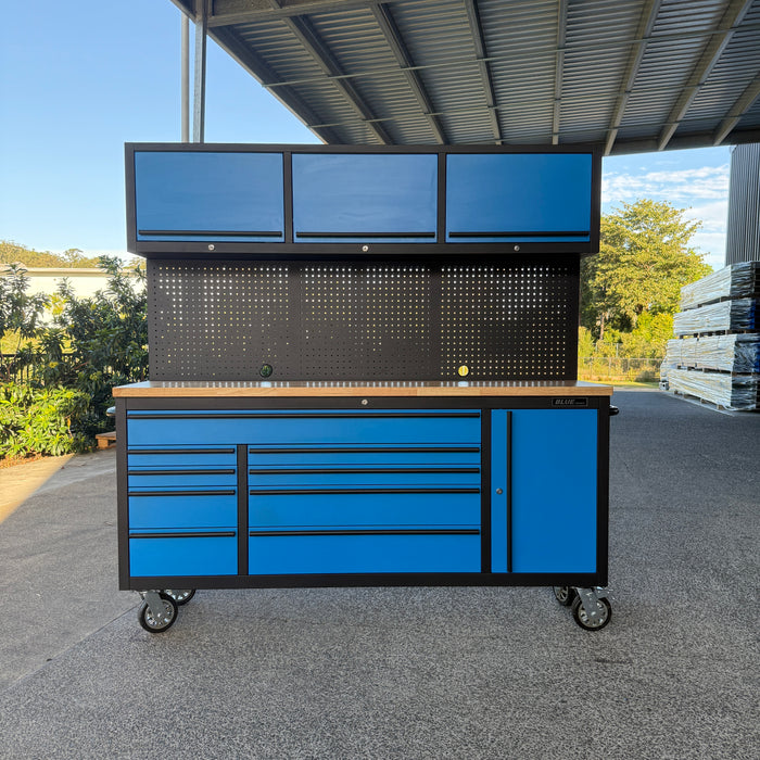 Tool Chest - 1.8m Workbench with Overhead Cabinets - Blue- Timber Top
