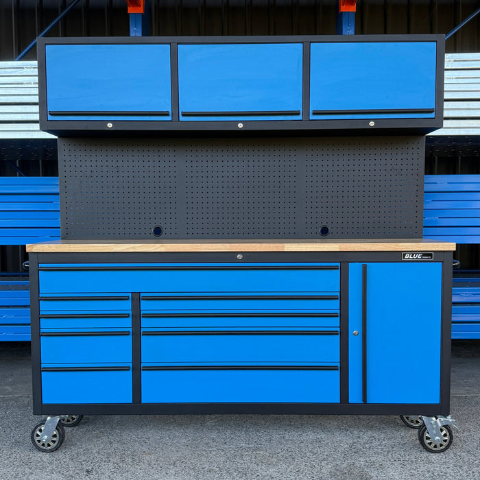 Tool Chest - 1.8m Workbench with Overhead Cabinets - Blue- Timber Top