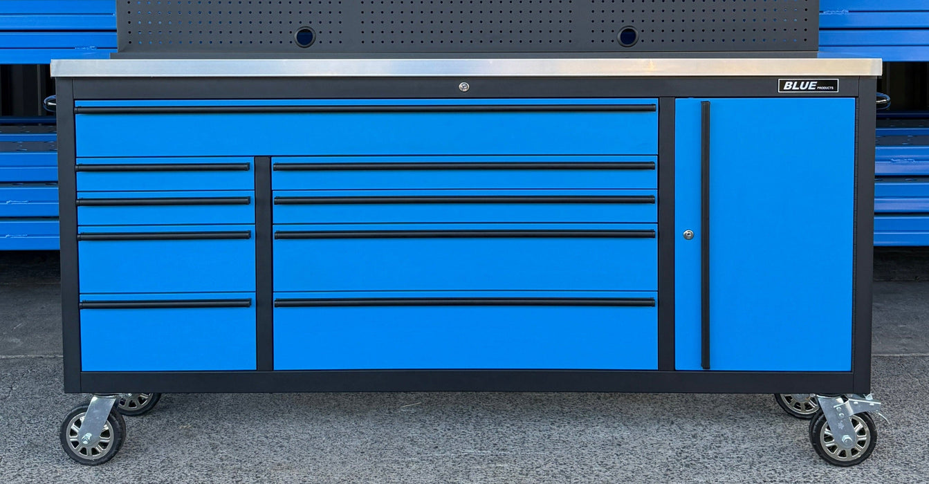 Tool Chest - 1.8m Workbench with Overhead Cabinets - Blue - Stainless Steel Top
