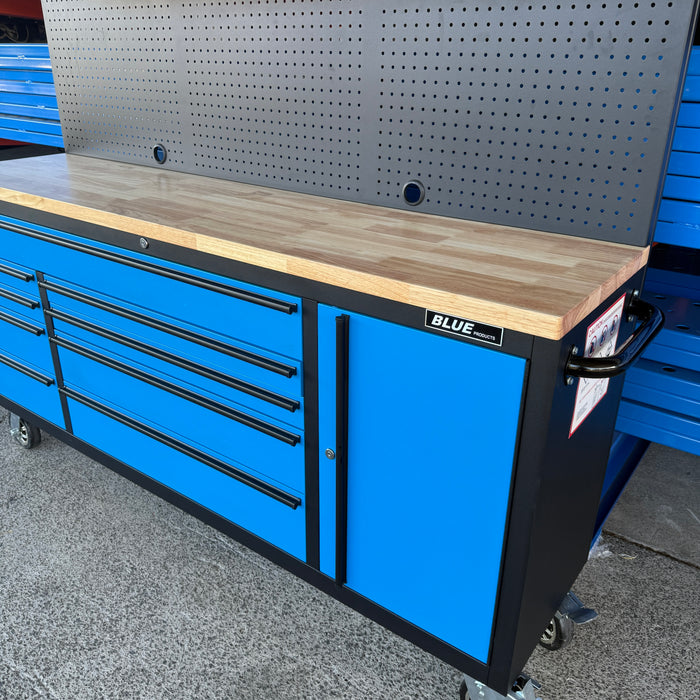 Tool Chest - 1.8m Workbench with Overhead Cabinets - Blue- Timber Top