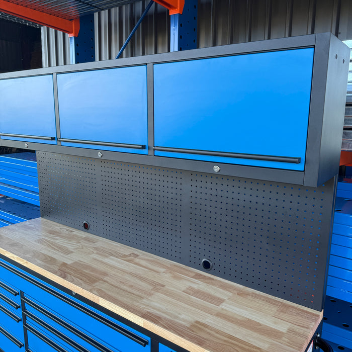 Tool Chest - 1.8m Workbench with Overhead Cabinets - Blue- Timber Top