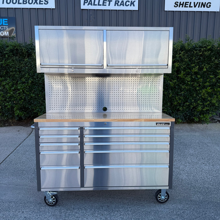 Tool Chest - 1.4m Workbench with 10 Drawers and 2 Cabinets -Stainless Steel