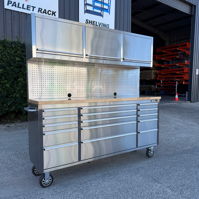 Tool Chest - 1.8m Workbench with 15 Drawers and 3 Cabinets -Stainless Steel