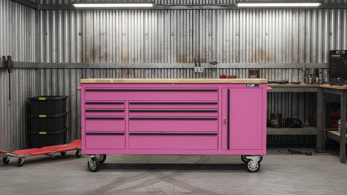 Tool Chest - 1.8m Workbench Base Unit - Pink with Timber Top