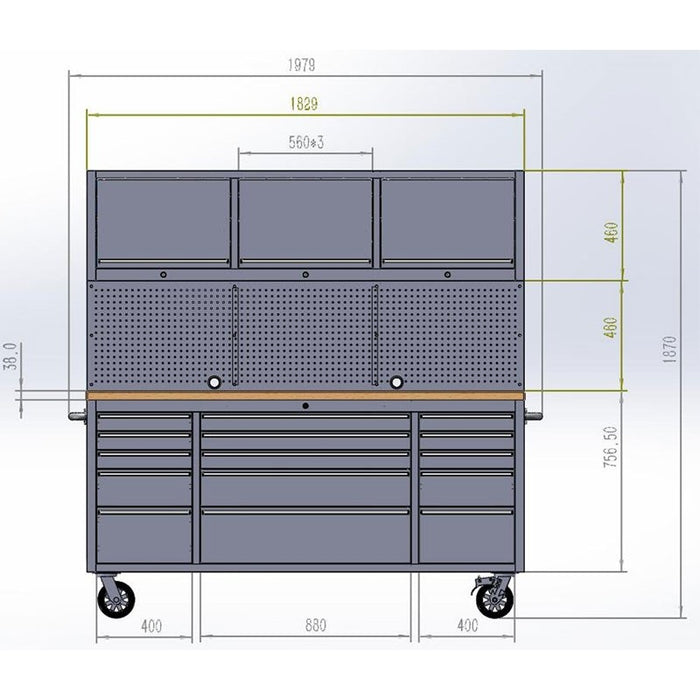 Tool Chest - 1.8m Workbench with 10 Drawers and 4 Cabinets -Stainless Steel